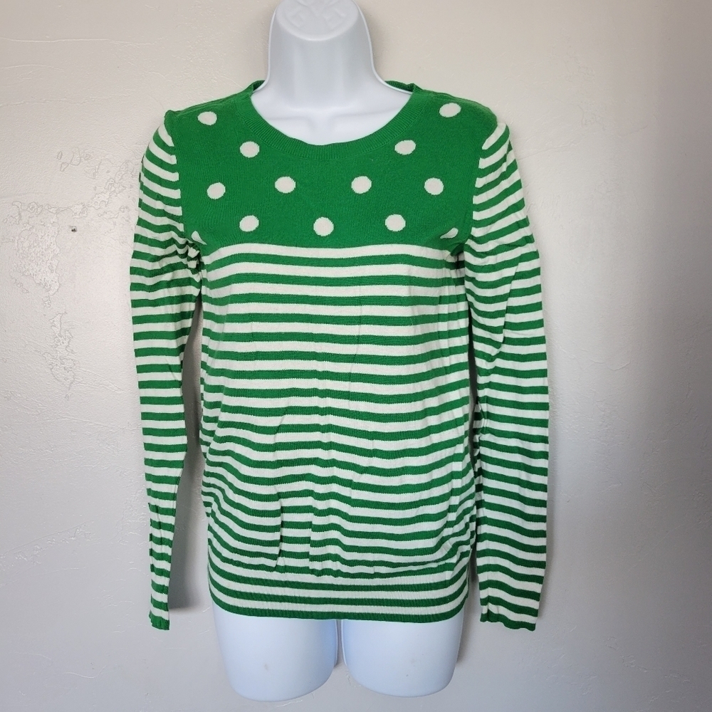 Gap Green and White Sweater Polka Dot Stripes Small 10% Silk Long Sleeve Top
